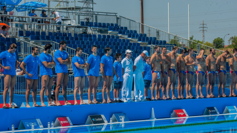 Partit de waterpolo amb les grades buides, durant els Jocs del Mediterrani. / Tarragona 2018.