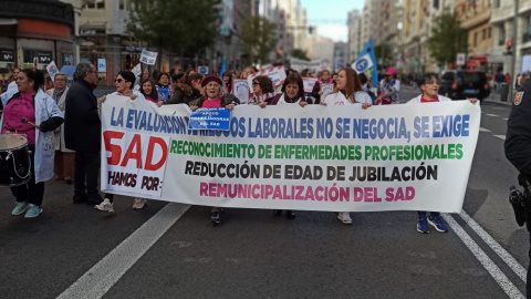 Un grupo de personas protestan en una manifestación de ámbito estatal convocada por la Plataforma Unitaria de Auxiliares de Ayuda a Domicilio