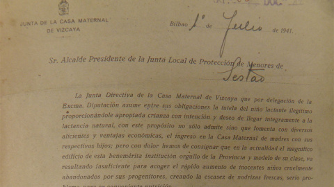 Documento de la Junta Maternal de Vizcaya durante el franquismo. / D.A.