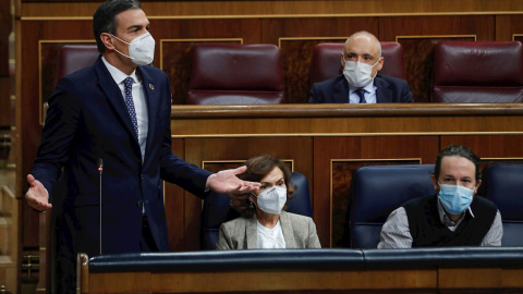 18/11/2020.- El presidente del Gobierno, Pedro Sánchez, durante su intervención en la sesión de control al Ejecutivo, este miércoles en el Congreso.