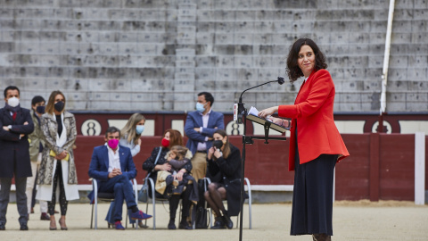 La presidenta de la Comunidad de Madrid, Isabel Díaz Ayuso interviene en un acto en la plaza de toros de Las Ventas, el pasado 8 de abril de 2021.