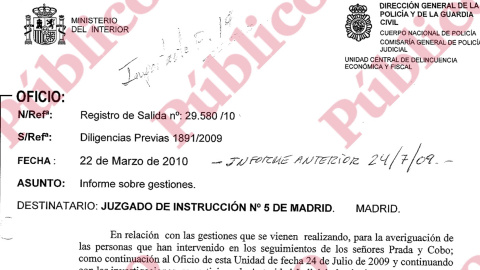 Encabezado del informe final de la UDEF sobre los posicionamientos de los guardias acusados el espionaje en el PP de Madrid.