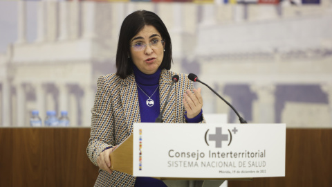 La ministra de Sanidad, Carolina Darias, tras la reunión del Consejo Interterritorial del Sistema Nacional de Salud, este lunes en Mérida.