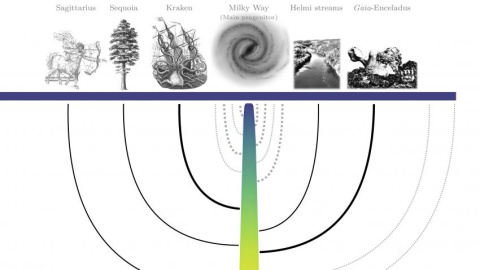 Árbol de fusión de galaxias de la Vía Láctea inferido aplicando los conocimientos obtenidos de las simulaciones de E-MOSAICS a la población del cúmulo globular galáctico.