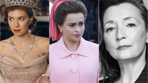 Vanessa Kirby, Helena Bonham Carter y Lesley Manville como la Princesa Margarita en The Crown.