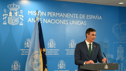 El presidente del Gobierno, Pedro Sánchez, durante su comparecencia ante la prensa en Nueva York la pasada semana.