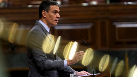 14/04/2021.- El presidente del Gobierno, Pedro Sánchez durante su intervención este miércoles al Congreso donde defenderá el Plan de Recuperación, Transformación y Resiliencia de la economía para hacer frente a la crisis provocada por la pandemia d