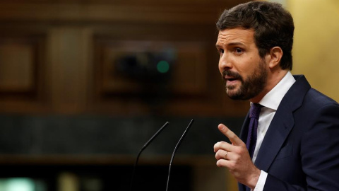 El líder del Partido Popular, Pablo Casado durante su intervención este miércoles al Congreso donde el Gobierno ha defendido el Plan de Recuperación, Transformación y Resiliencia de la economía para hacer frente a la crisis provocada por la pandemia