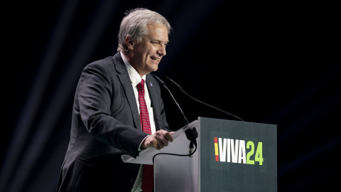 El líder del Partido Republicano de Chile, José Antonio Kast, interviene durante el acto ‘Viva 24’ de VOX, en el Palacio de Vistalegre