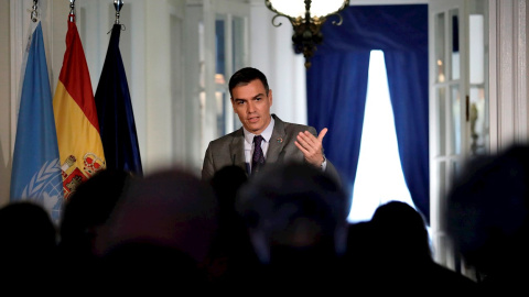 El presidente del Gobierno, Pedro Sánchez, durante su rueda de prensa en Nueva York.