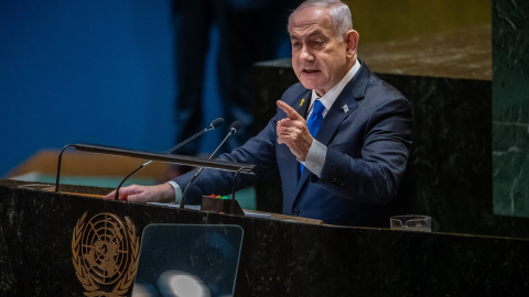 El perseguido por crímenes de guerra Benjamín Netanyahu en la ONU, a 27 de septiembre de 2024.