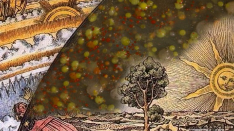 'Collage' creado mezclando colonias bacterianas de paneles solares (Dorado-Morales et al., 2016) con una versión adaptada de la famosa talla de madera 'Flammarion grabando' (Flammarion, 1888). Manuel Porcar