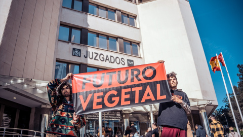 Dos miembros de Futuro Vegetal protestan contra la criminalización del ecologismo ante los Juzgados de Plaza de Castilla (Madrid), a 13 de abril de 2023.