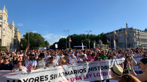 La cabecera de la manifestación del Orgullo 2019 a su pase por la plaza de Cibeles. /ESTEFANÍA ROSELLÓ