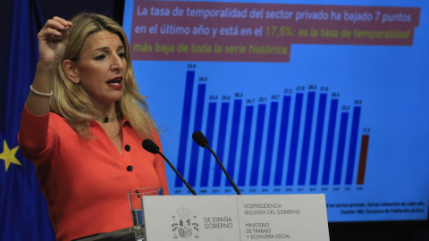 La vicepresidenta segunda del Gobierno y ministra de Trabajo y Economía Social, Yolanda Díaz comparece este miércoles en rueda de prensa