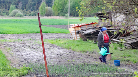 Una campesina de Zelena Polyana cultiva su huerto, a sólo tres kilómetros de los límites de la Zona Muerta. /FERRAN BARBER