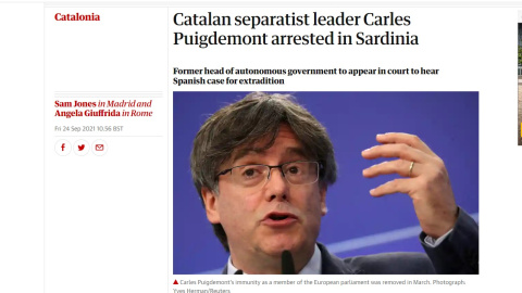 La peça que el britànic 'Guardian' ha dedicat a la detenció de Puigdemont.