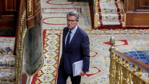 El presidente del PP, Alberto Núñez Feijóo, durante la sesión de control al Gobierno celebrada en el Congreso el miércoles.