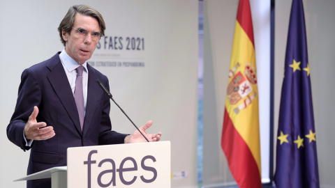 El expresidente del Gobierno y presidente del IADG, José María Aznar, interviene en la clausura del Campus FAES 2021 en el auditorio de la Fundación Abertis, a 24 de septiembre de 2021, en Madrid.