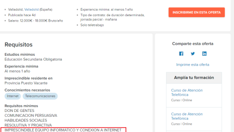 Oferta de teleoperador en el que se pide equipo informático y conexión a internet. Infojobs.