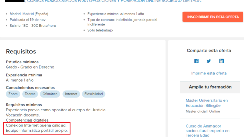 Oferta de profesor en el que se pide equipo informático y conexión a internet. Infojobs.