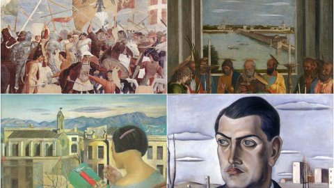 Detalle de cuadros de Piero della Francesca, Andrea Mantegna y Salvador Dalí.