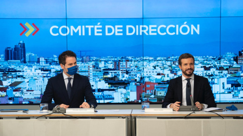 El secretario general del PP, Teodoro García Egea, y el presidente de la formación, Pablo Casado.