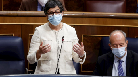 12/05/2021.- La ministra de Asuntos Exteriores, Arancha González Laya, durante su intervención en la sesión de control al Ejecutivo de este miércoles en el Congreso, la primera tras el fin del estado de alarma. EFE/ Chema Moya