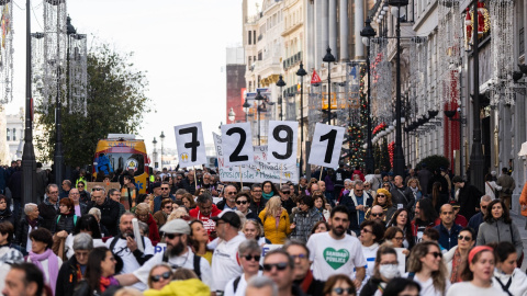 Varias personas llevan carteles que indican el número de ancianos muertos en pandemia durante una manifestación en memoria de los residentes fallecidos en las residencias de la Comunidad de Madrid durante la primera ola de la pandemia. E.P./Matias Chiof