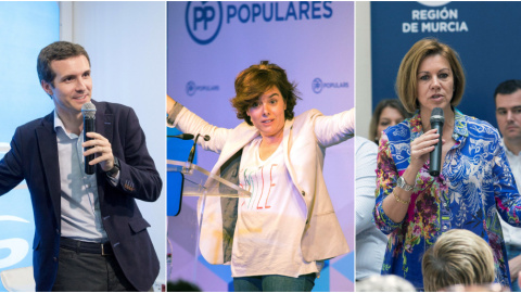 Pablo Casado, Soraya Sáenz de Santamaría y María Dolores de Cospedal, en diferentes actos de sus campañas para la Presidencia del PP. EFE