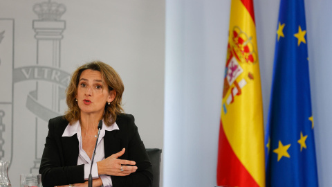 La ministra de Transición Ecológica Teresa Ribera ofrece la rueda de prensa posterior al Consejo de Ministros en el Palacio de la Moncloa en Madrid, este martes.