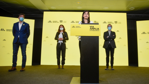 L'equip negociador d'ERC (Marta Vilalta, Sergi Sabrià, Laura Vilagrà i Josep Maria Jové), en roda de premsa el 19 d'abril de 2021.