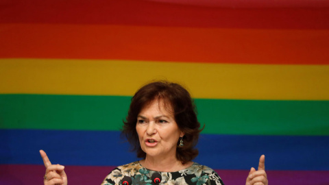 La vicepresidenta del gobierno, Igualdad y Presidencia, Carmen Calvo, durante su intervención para dar la bienvenida a las delegaciones LGTBI del PSOE, que participaránen los actos del Orgullo 2018.- EFE/JuanJo Martín