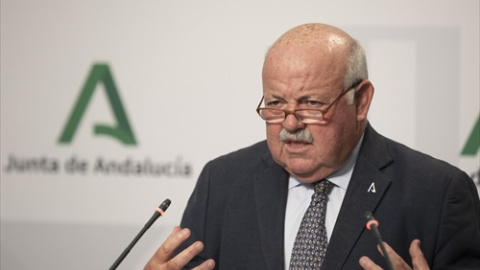 El consejero de Salud y Familias, Jesús Aguirre, durante su intervención en rueda de prensa posterior a la reunión del Consejo de Gobierno de la Junta de Andalucía. A 28 de septiembre de 2021, en Sevilla (Andalucía, España).