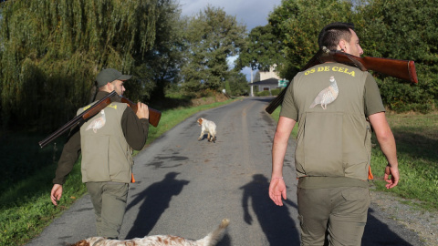 Dos cazadores pertenecientes al Coto de Cela pasean por el Tecor Santa Isabel en busca de caza menor, a 16 de octubre de 2022, en Vilela, Outeiro de Rei, Lugo, Galicia.