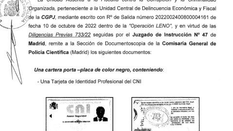 Fragmento del informe de Criminalística sobre el carné del CNI encontrado en casa de Alberto Luceño