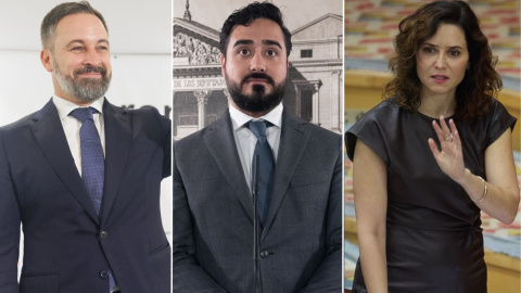 Montaje con fotos de Santiago Abascal, Alvise Péres e Isabel Díaz Ayuso.