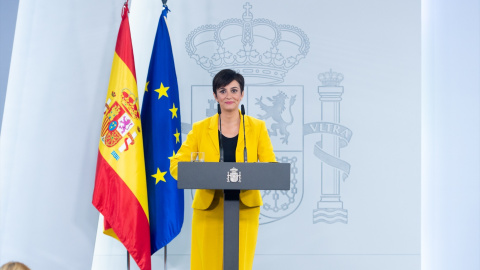 La ministra de vivienda, Isabel Rodríguez, durante su comparecencia ante los medios en Moncloa de este martes.