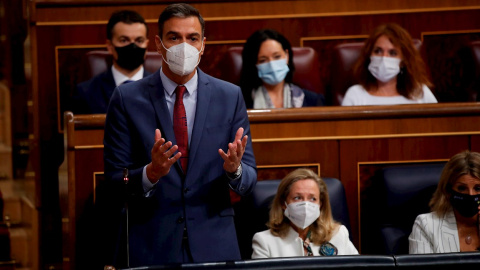 29/09/2021.- El presidente del Gobierno, Pedro Sánchez (i), interviene en la sesión de control al Gobierno este miércoles en el Congreso de los Diputados. EFE/Juan Carlos Hidalgo