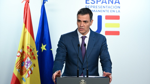 Pedro Sánchez, este jueves en Bruselas durante la rueda de prensa ofrecida tras el Consejo Europeo.