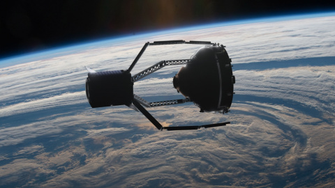 Representación de la misión ClearSpace-1 de captura de una pieza de basura espacial.