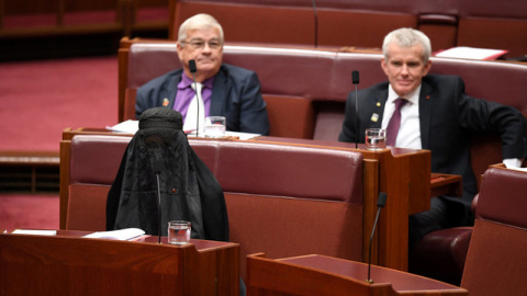 La senadora Paule Hason con el burla durante la sesión en el Parlamento / REUTERS