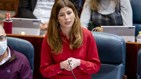 La diputada de Más Madrid y exjefa de gabinete de Errejón Loreto Arenillas interviene en una sesión del pleno de la Asamblea de Madrid.