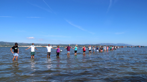 Pla general dels participants fent la cadena humana a la badia del Fangar, a l'Ampolla (Baix Ebre), per denunciar la regressió que pateix el delta de l'Ebre.