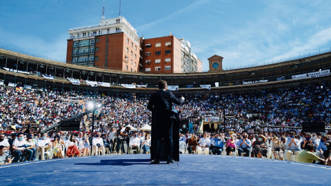 El presidente del PP, Pablo Casado, durante su discurso en la Plaza de Toros de Valencia con motivo del cierre de la Convención Nacional.