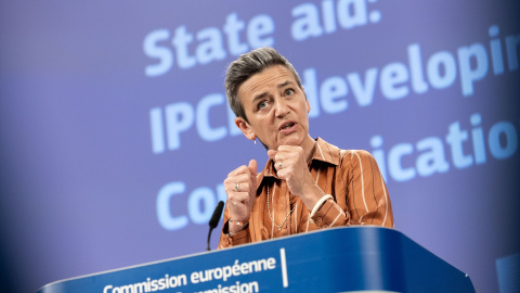 08/06/2023 - La Comisaria de Competencia de la UE, Margrethe Vestager, habla durante una conferencia de prensa en Bruselas, a 8 de junio.