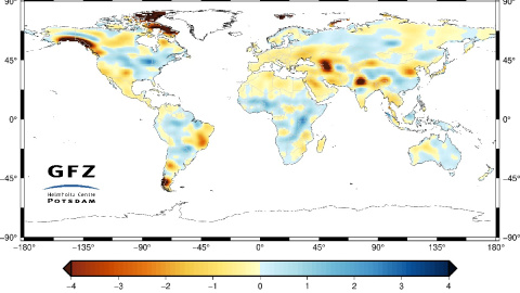 Mapa de las pérdidas de masas terrestres de agua anuales (2002-2021).