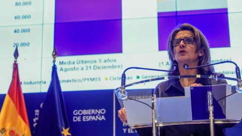 La ministra de Transición Ecológica, Teresa Ribera, durante la rueda de prensa para informar de los primeros resultados de las medidas energéticas.