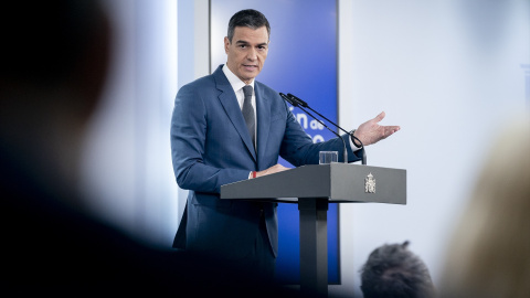 El presidente del Gobierno, Pedro Sánchez, durante la comparecencia ofrecida este martes en Moncloa.