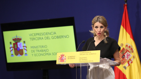 16/04/2021. Imagen de archivo de Yolanda Díaz, ministra de Trabajo del Gobierno de España, en rueda de prensa, en Madrid. - Europa Press